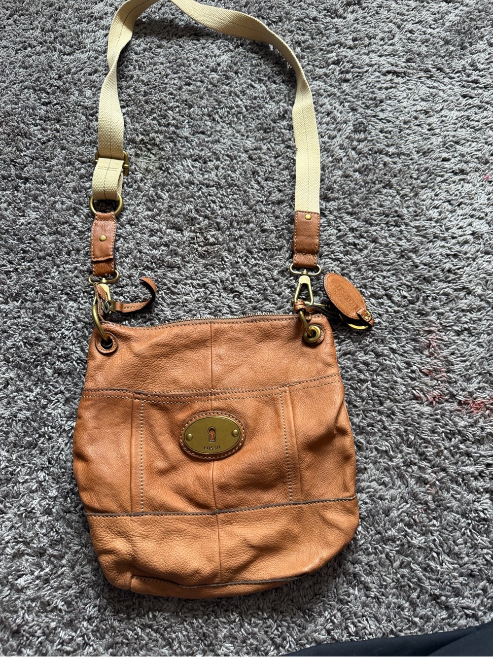 Fossil Cognac Leather Crossbody with Cream Canvas Strap